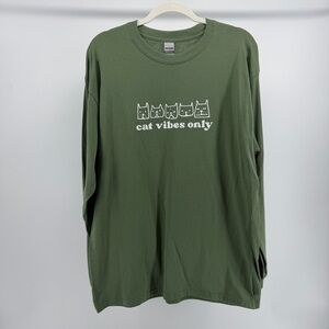 Cat Vibes Only Green Long Sleeve Graphic T-Shirt, 100% Cotton, Women's Large